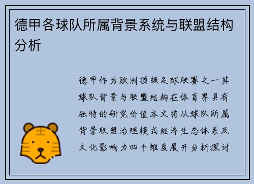 德甲各球队所属背景系统与联盟结构分析