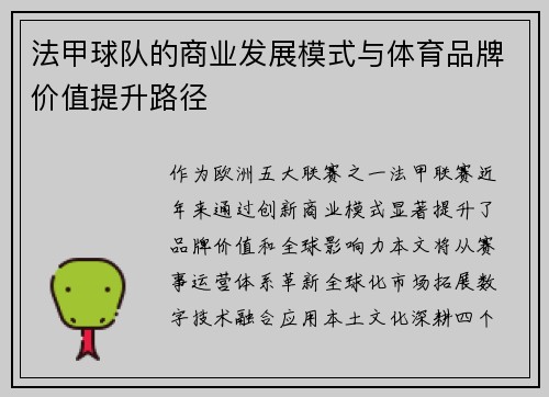 法甲球队的商业发展模式与体育品牌价值提升路径