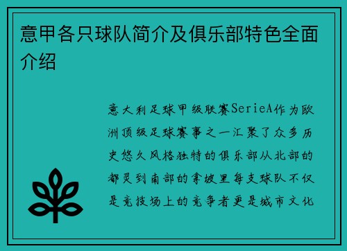 意甲各只球队简介及俱乐部特色全面介绍